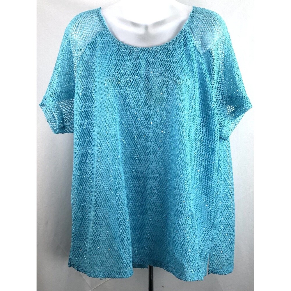 Mesh Cover Up Top 1X Blue Shortsleeve Lined Sequin Shimmer Beach Classic Summer